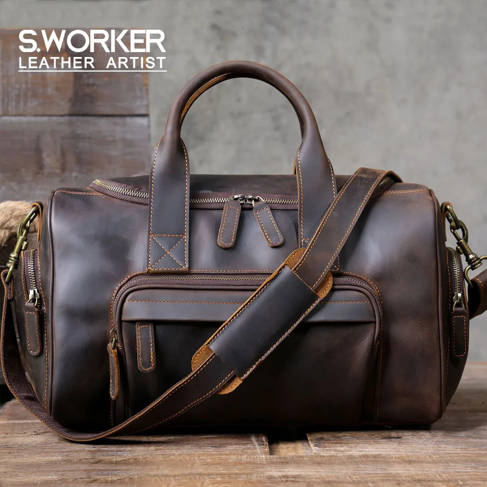 S.WORKER Vintage Genuine Leather Travel Bag Crazy Horse Cowhide Leather Duffel Bag Men's Weekender Bag Gym Bag Carry on Luggage 260922