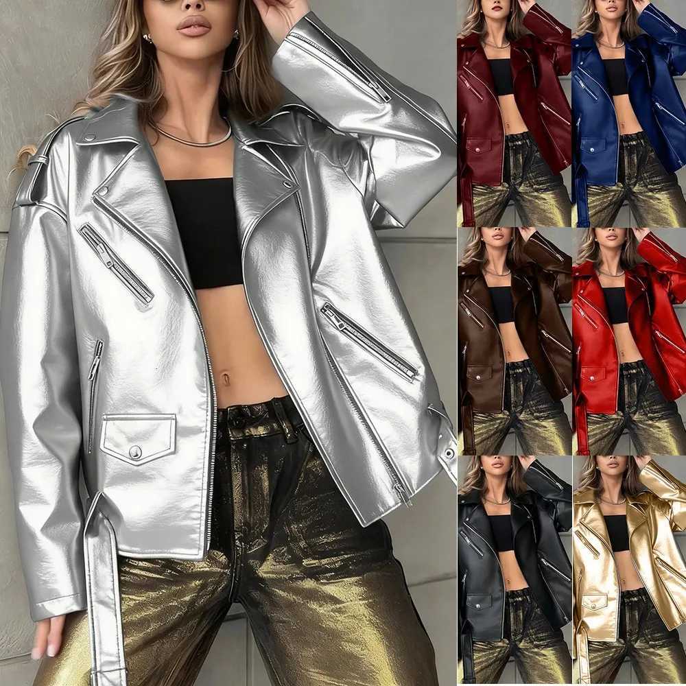 Leather Faux Women's Leather Spring Women's Clothing Retro Loose Fit Faux Leather Jacket For Woman Vintage Biker Moto Zipper Outerwear Wit