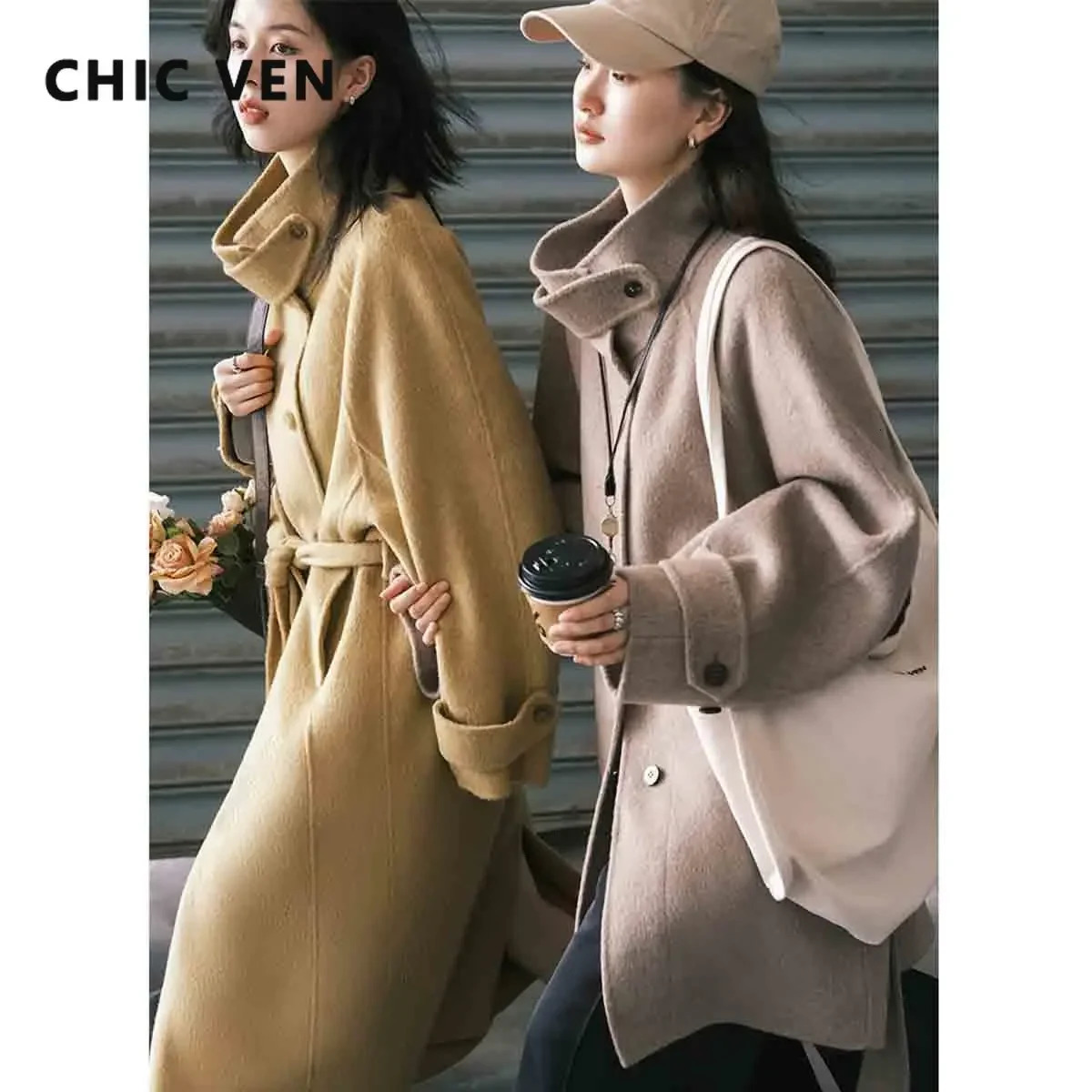 CHIC VEN Women Woolen Coat Retro Stand Collar Solid Loose Belt Overcoat Fashion Korean Female Clothing Autumn Winter 260922