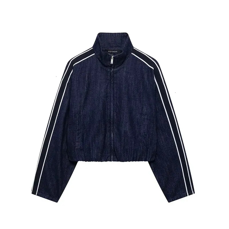 Women Short casual Jacket Willshela Womens Fashion Denim Blue Striped Front Zipper Jacket Retro High Collar Long Sleeve Clothing Ladies Cropped Coat