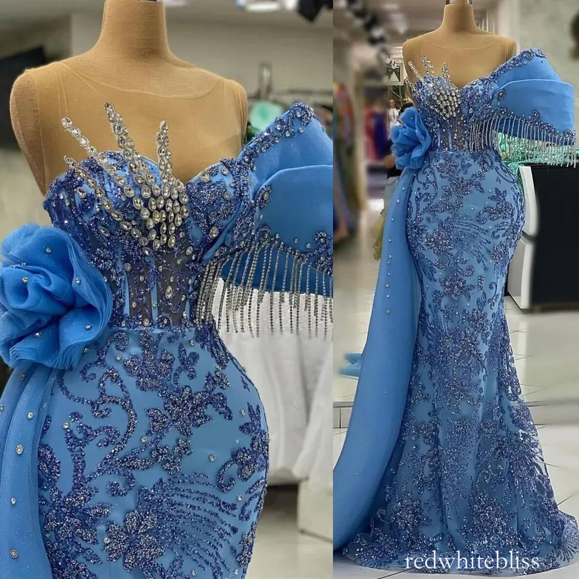 Abito da sera blu a sirena in cristallo trasparente Aso Ebi, abito da festa formale scintillante per le donne, ricevimento di ballo, compleanno, fid