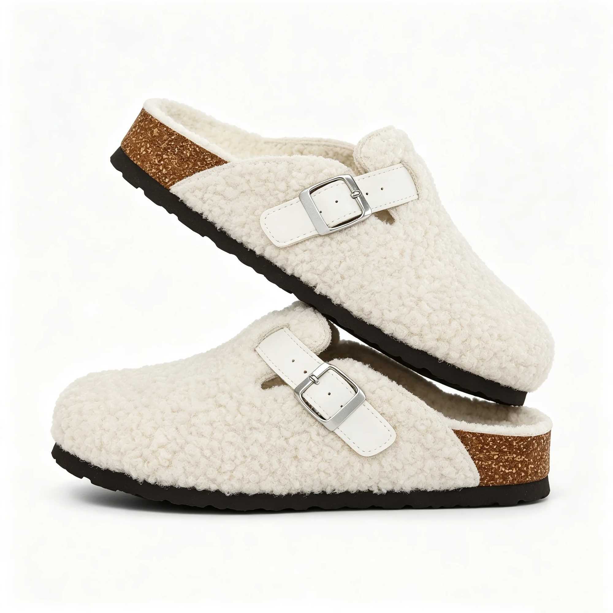 Comwarm Fleece Lined Women's Clogs Slippers Slip On Cork Footbed Slides Fuzzy Slippers AntiSlip Rubber Sole Mules for Ladies T260922