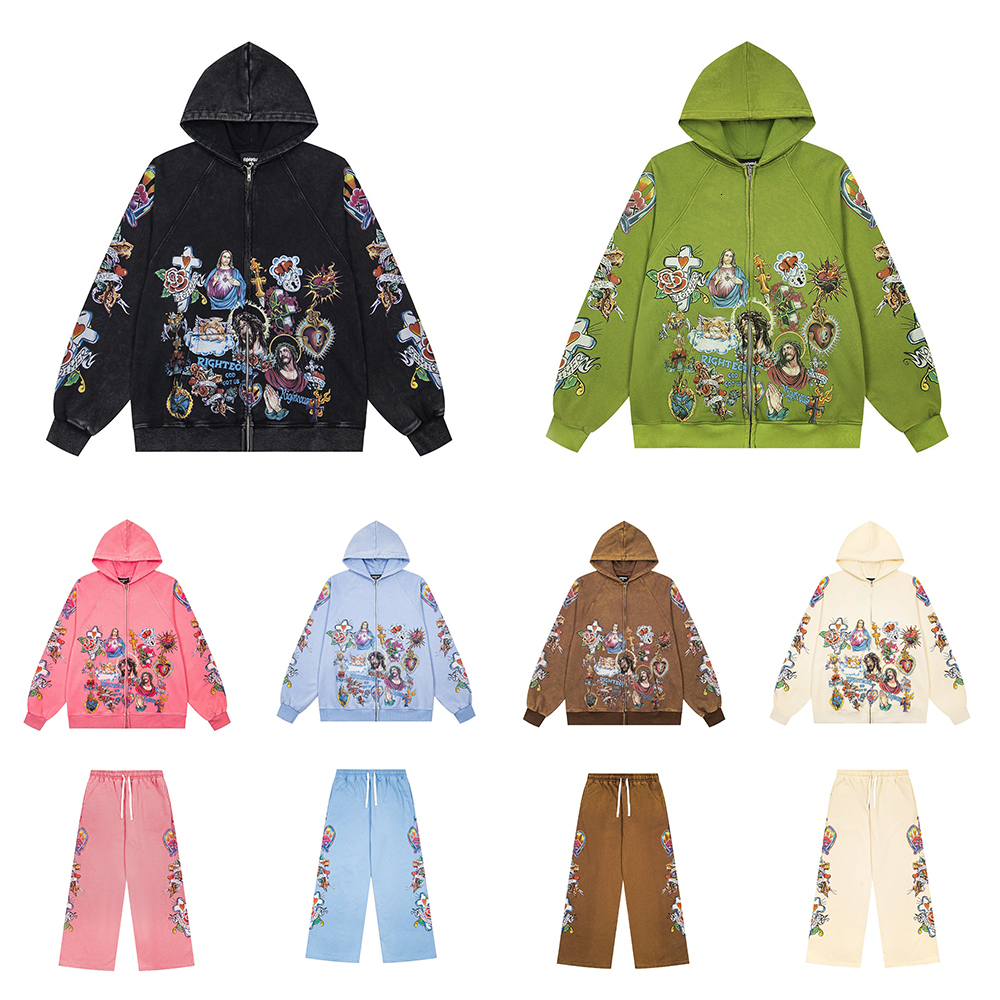 Vintage gewassen figuurprint hoodie met rits, We Are Righteous Letter grafische losse pasvorm hoody jas, unisex casual streetwear jas voor heren dam