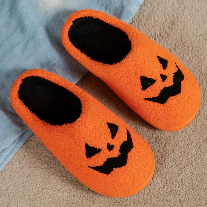 Cute Jack O Lantern Plus Halloween Pumpkin Face Warm Fluffy Indoor Slippers Non Slip Thick Sole Couple Home Shoes T260922