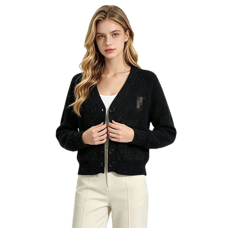 V-neck sweater knitted cardigan coat for women in autumn and winter with shiny silk and chiffon fabric