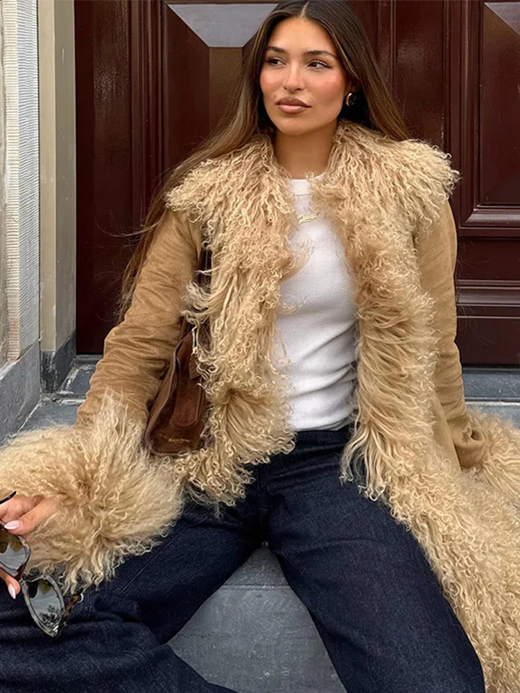 Chic Faux Fur Patchwork Woolen Women's Coat Lapel Full Sleeve Solid Long Coats Autumn Winter Fashion Female Outerwears 260921