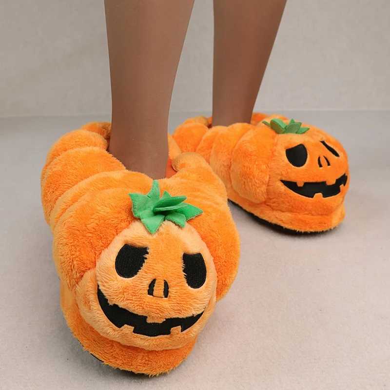Halloween pumpkin fluffy home slippers Popular on Ins Soft Non-slip thick sole living room shoes funny warm men women Winter T260922