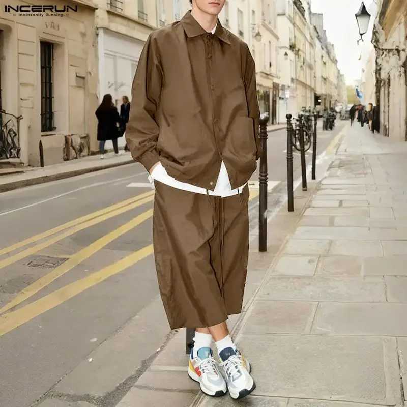 Sets Men's Tracksuits Men Solid Color Lapel Long SLeeve Shirt Calf-length Pants Two Pieces Sets Streetwear Loose 2026 Fashion Men Suits J260921