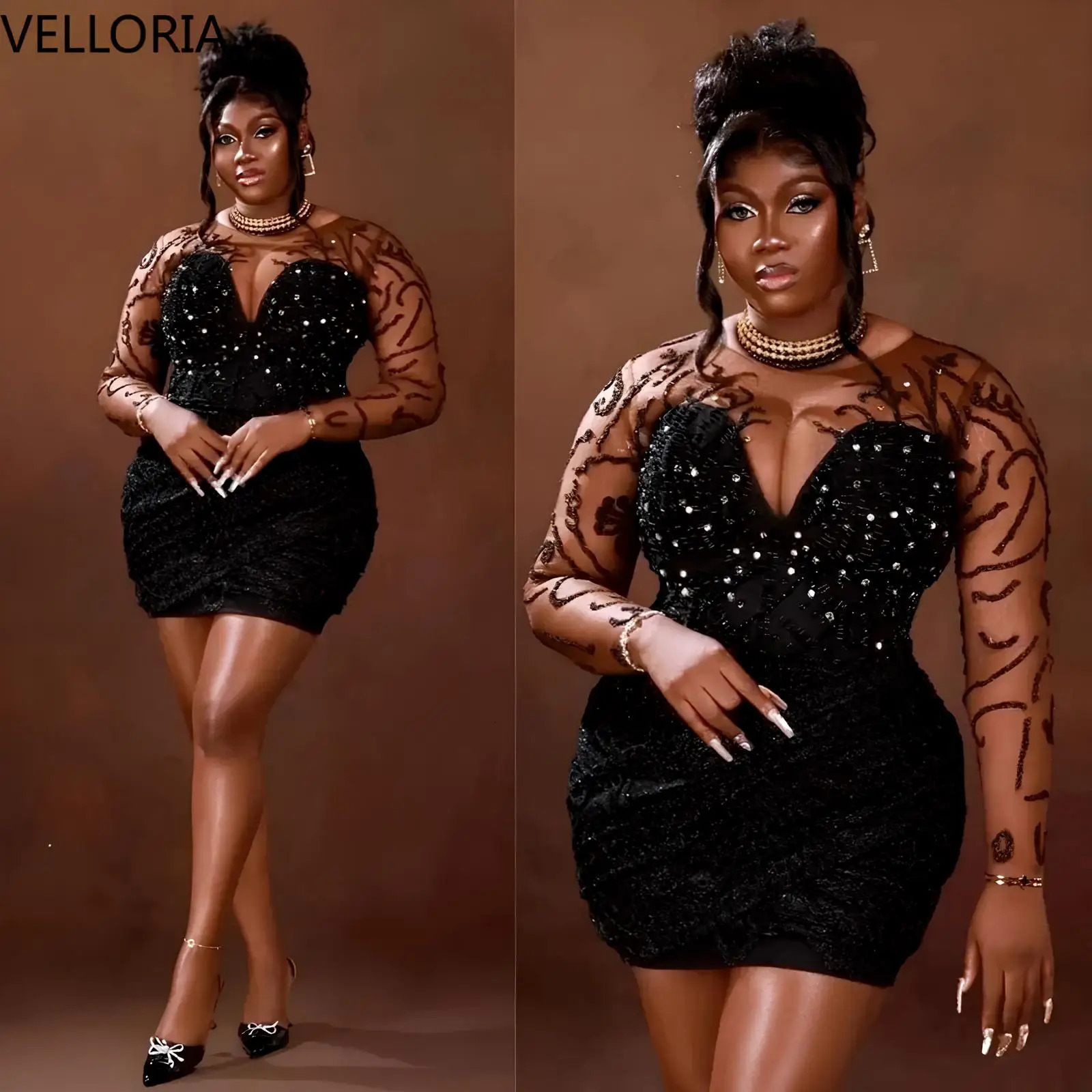 Sexy Lace Short Bodycon Party Dress Sheer Mesh Long Sleeve Beaded Evening Dress Cocktail Party Club Wear Plus Size Customized 260922