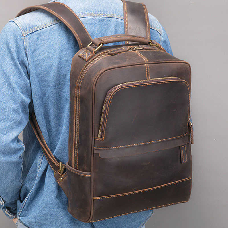 Crazy Vintage Backpack Horse Style Genuine Leather Man's Backpack Fit 14" Laptop Women Rucksack Leather School Bag Big Travel Backapack Fo