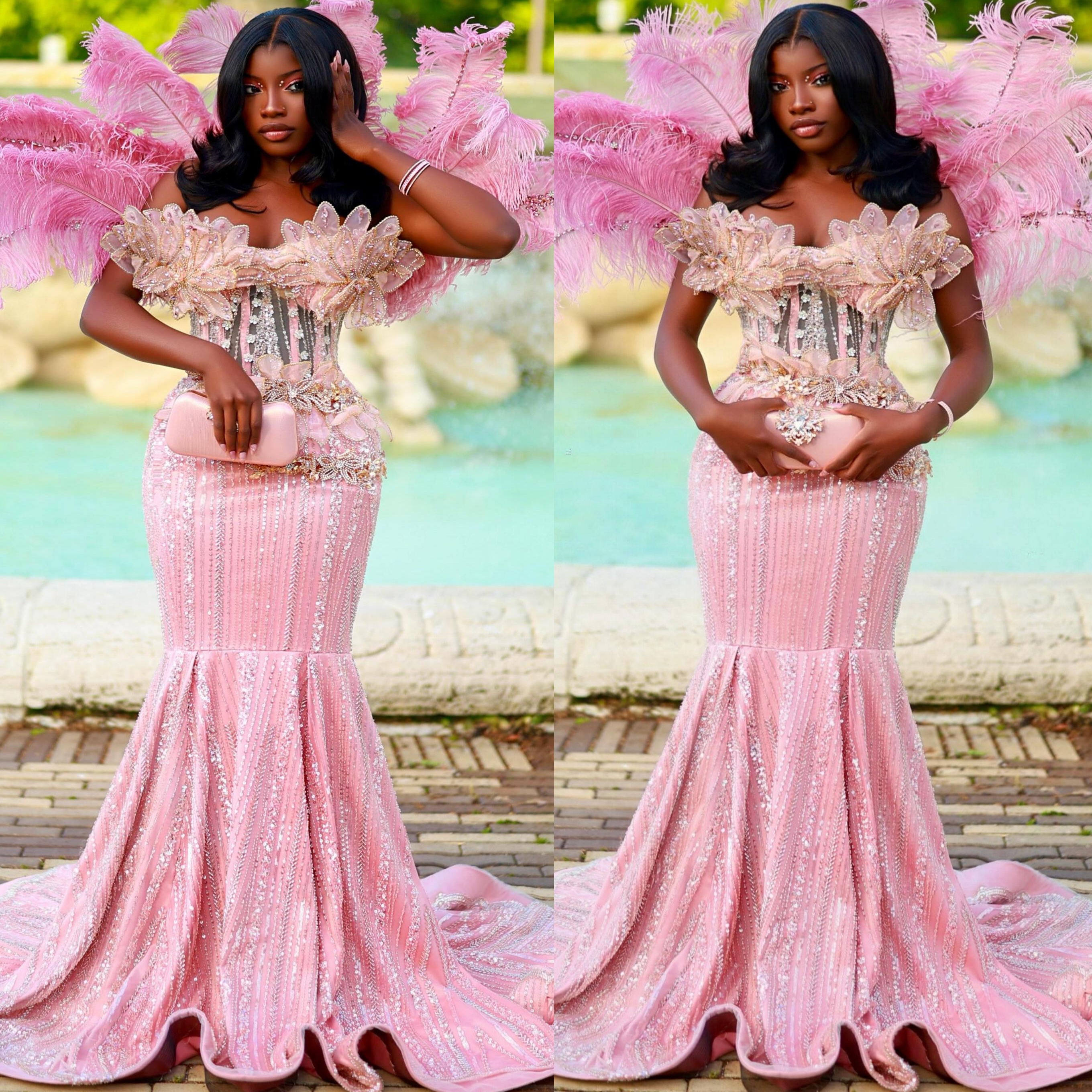 Aso Ebi Pink Mermaid Prom Dress 2026 Petals Flower Feather Crystals Evening Dresses Birthday Formal Party Reception Second Long Dinner Dress Gowns Z