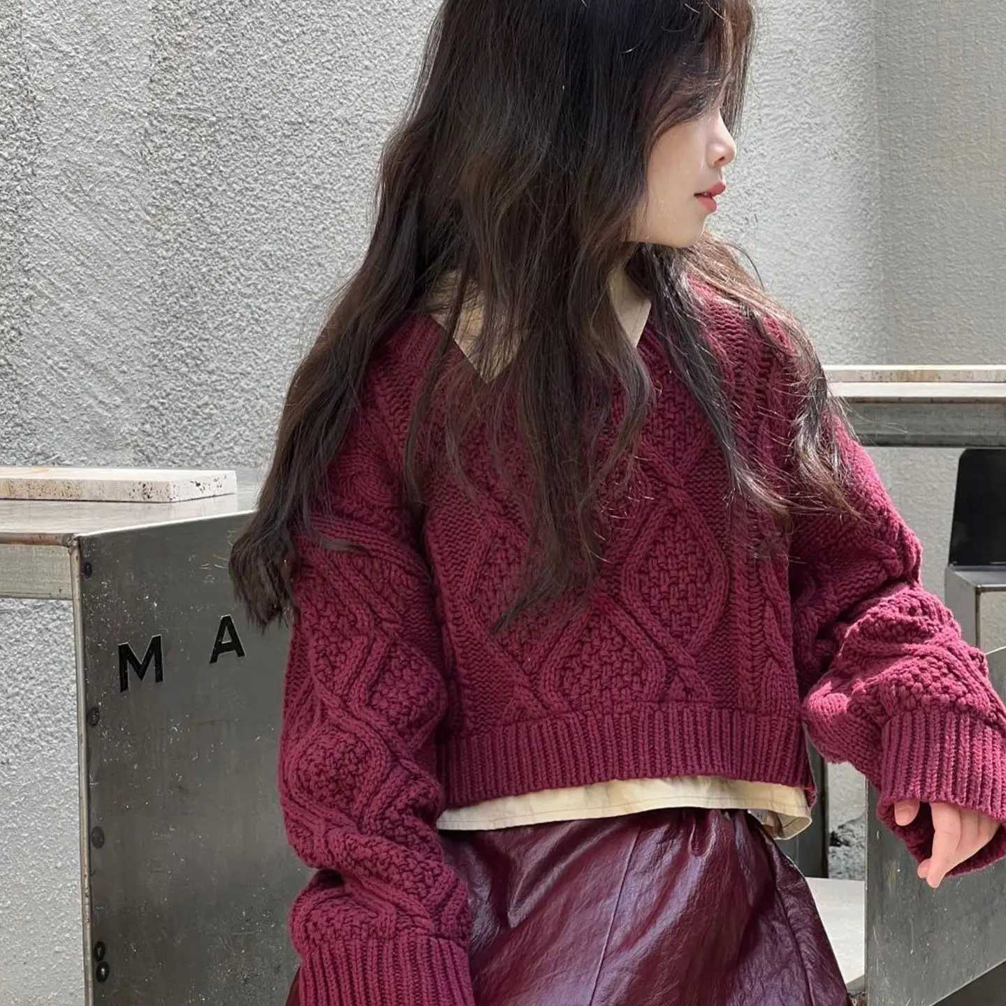 red Pullover autumn winter Christmas teen girls kids sweater diamond grid knit tops child PU skirt 4 6 8 10-12 New Year clothing outfits C260921