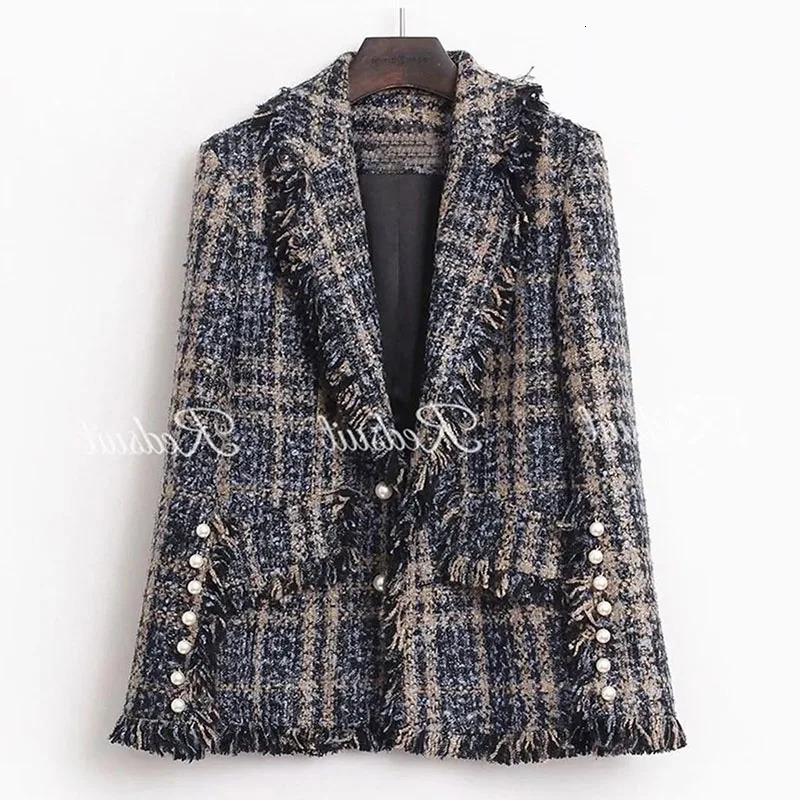 Coarse Flower Woolen Blazer Jacket Women's Spring Autumn Thick Slim Medium Long Fashion V-Neck Suit Coat Ladies Tops 260921