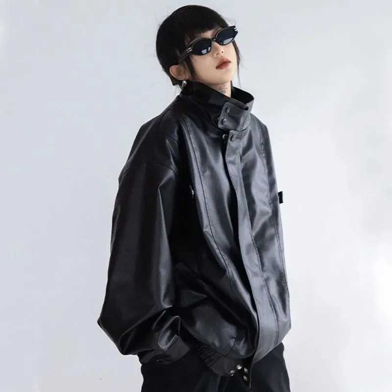 Pu Jacket Harajuku Women Turtleneck Fashion Faux Leather Long Sleeve Coat Heavy Metal Black Y2K Outerwear Female Tops C260921