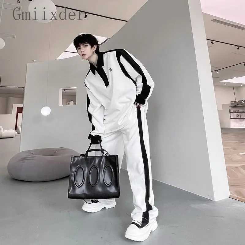 Black Men's Tracksuits EleGant White Color Contrast Sports Shirt Set Long SLeeved Shirt Sweatpants Two Piece Set Casual Handsome Tracksuit J260