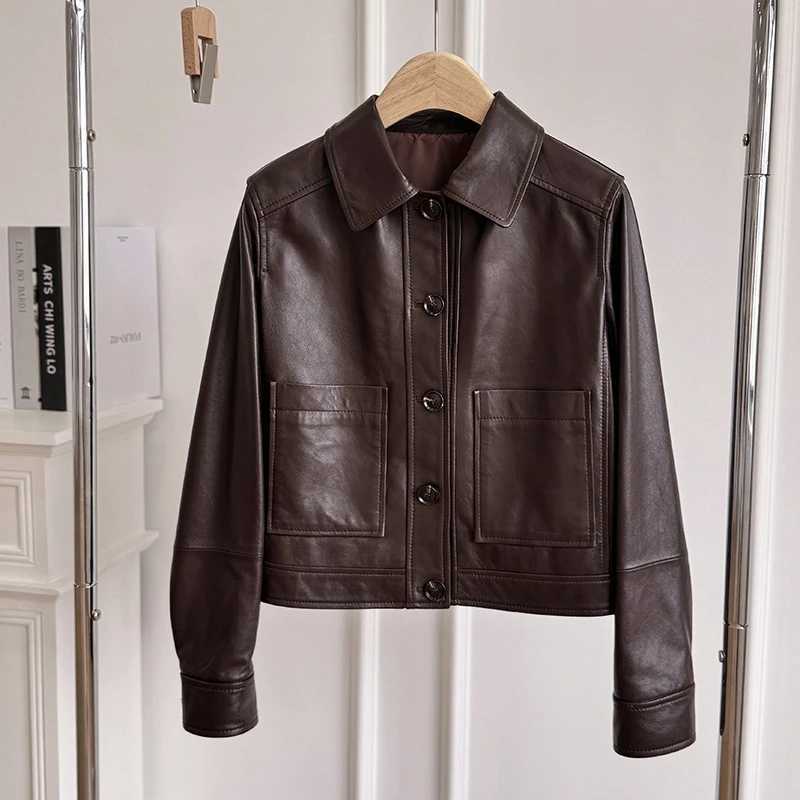 Lapel British Style Genuine Leather Jackets for Women Fashion Single-breasted Pockets Female Brown Casual Short Sheepskin Jacket C260921