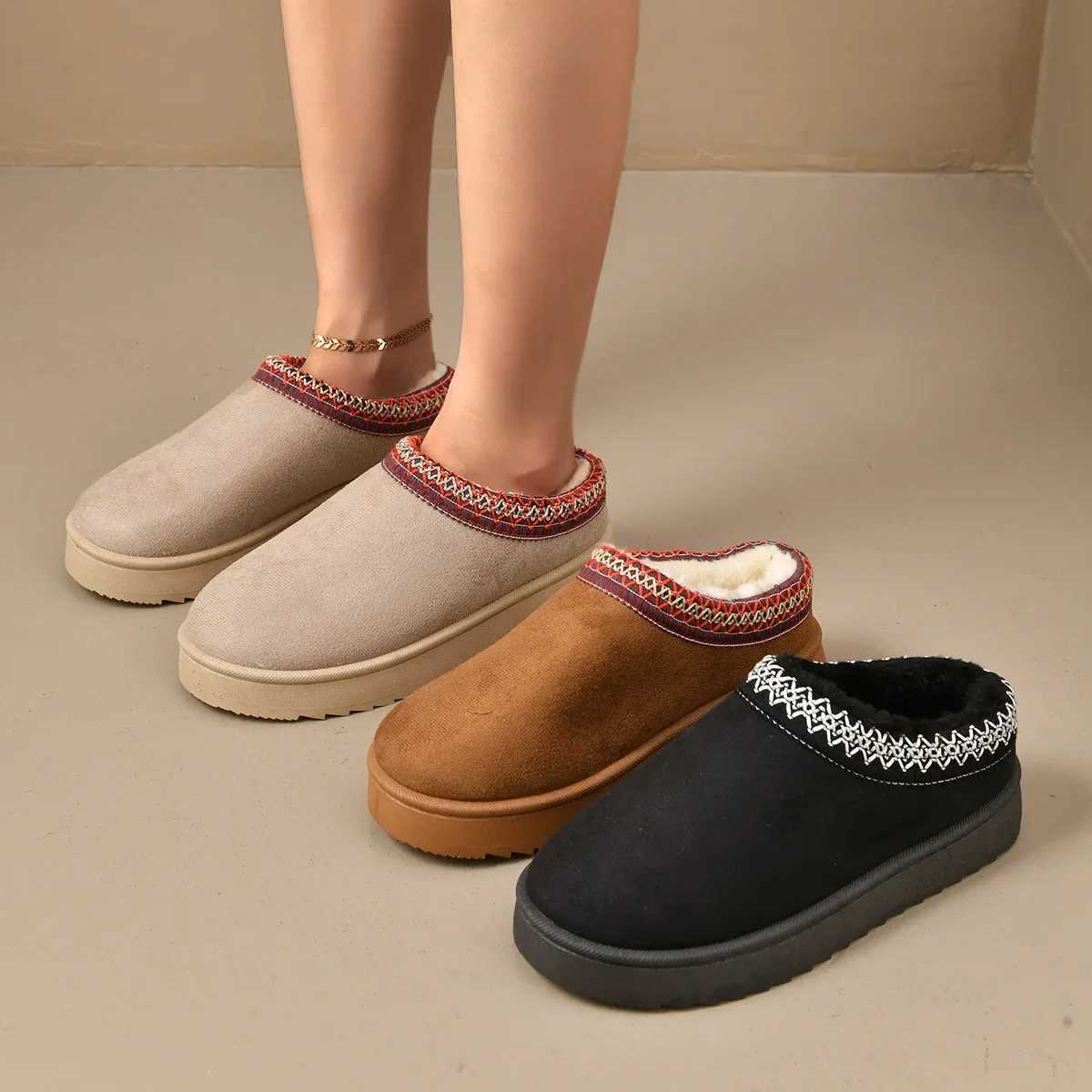 Ladies Fashionable Thickened Plush Snow Boots Autumn Winter Half Slippers Cotton Shoes Rubber Upper Women's Footwear T260922