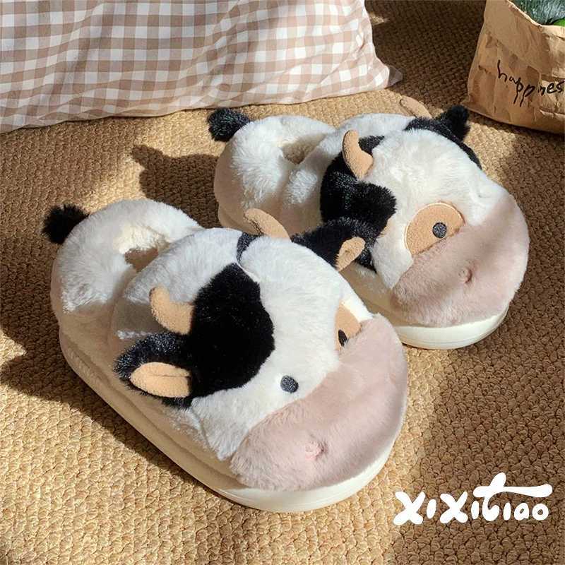 XIXITIAO Warm Cow Slippers for Women Cartoon Cute Plush Soft Thick-Soled Indoor Slippers Winter Home Couples Shoes Surprise Gift T260922