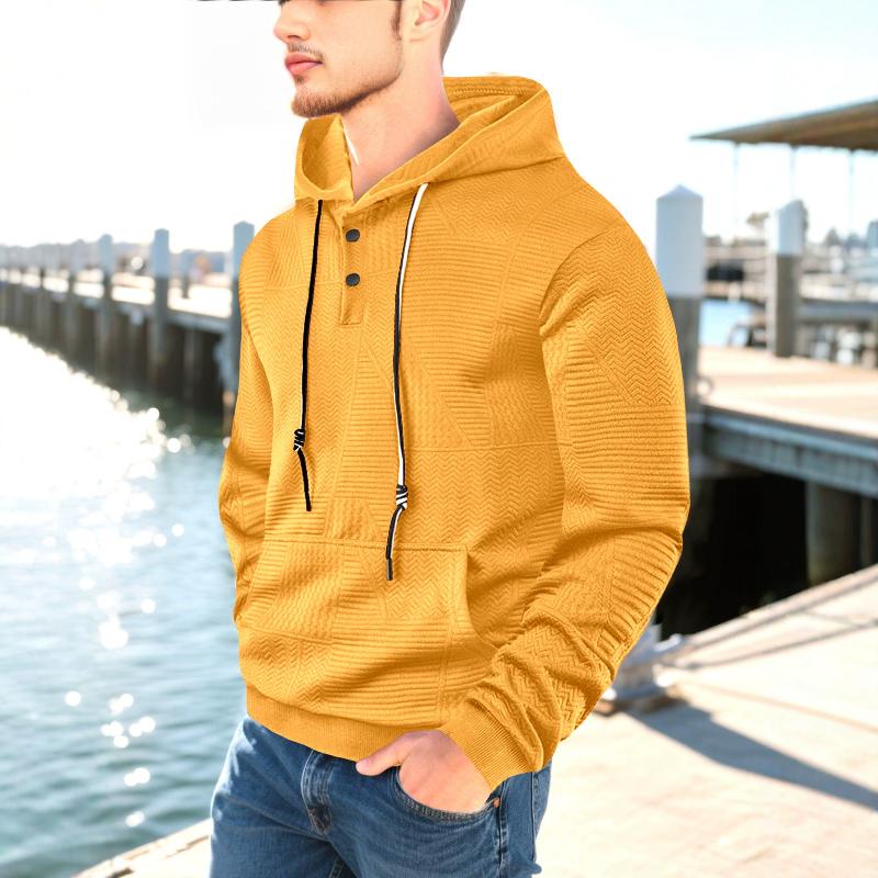 Sweat à capuche à manches longues pour hommes, coupe décontractée, texture gaufrée, demi-bouton, col Henley, couleur contrastée, cordon de serrag