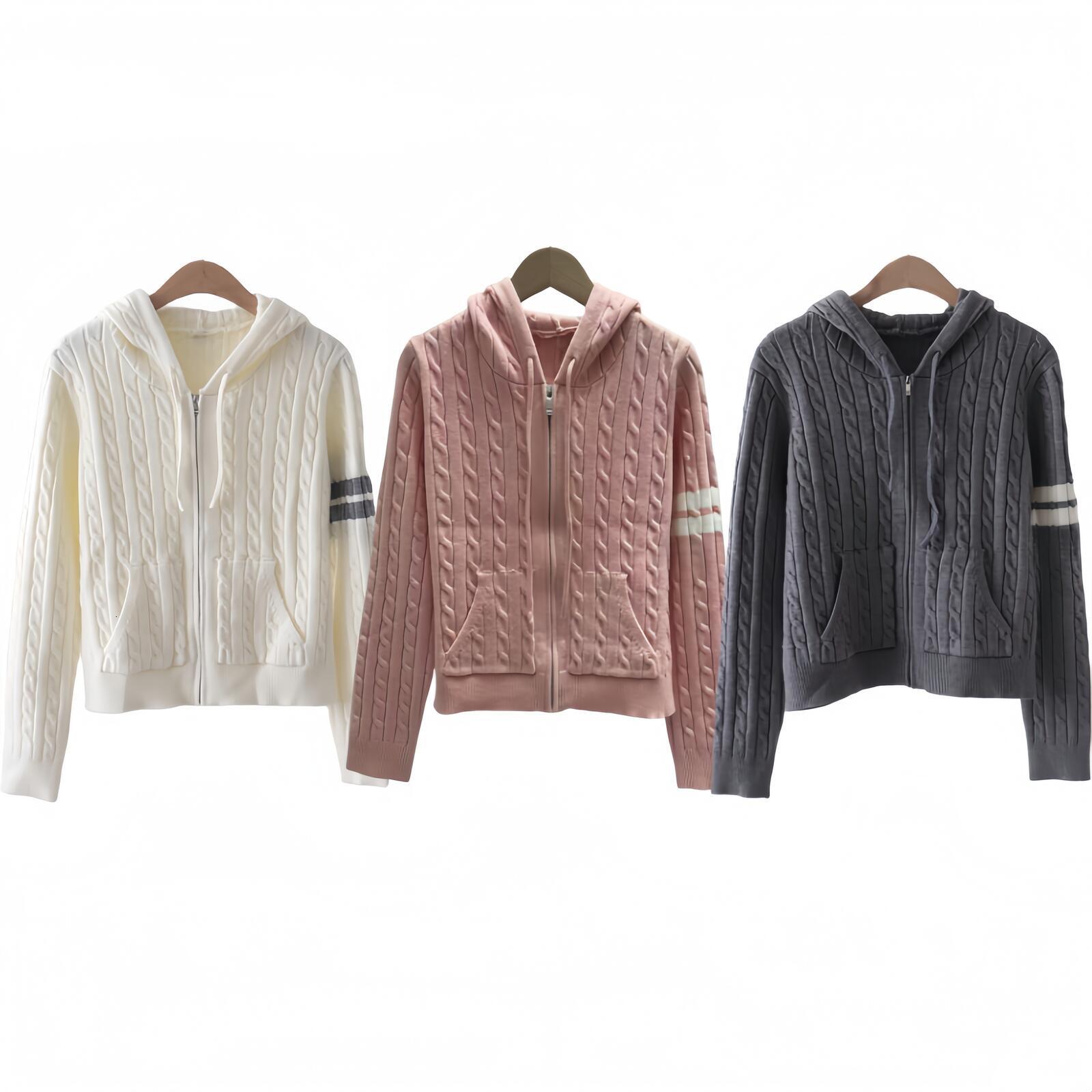 Designer Sweater Women Autumn Striped Print Pattern College Style Braided Hooded Zipper Long Sleeve Knitted Cardigan Sweater Coat High Quality