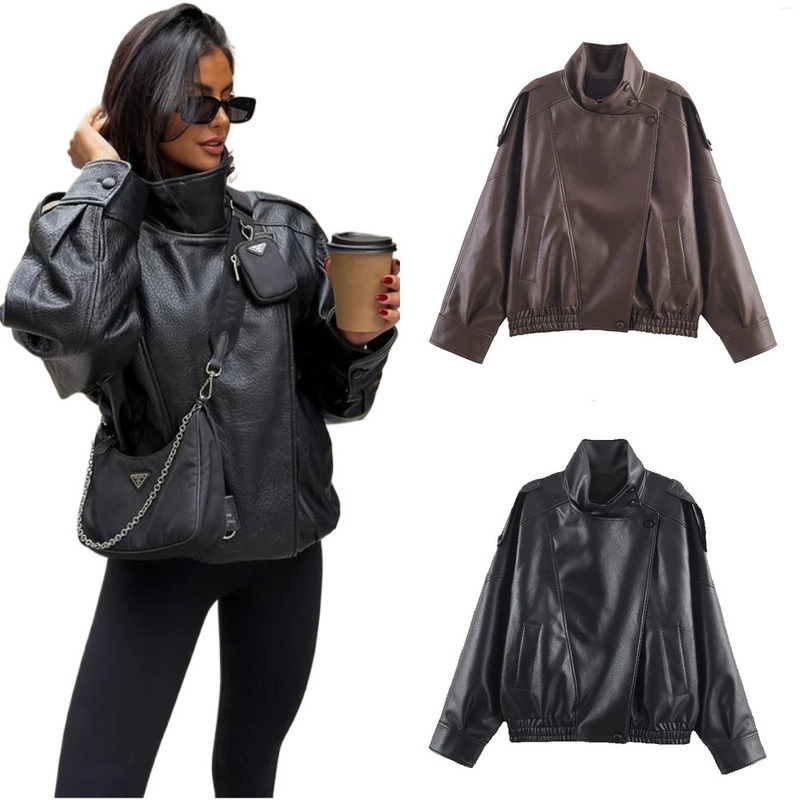 Designer Women's ZA Jackets Trendix Solid Leather Moto Jacket For Women 2025 Winter Turtleneck Retro Coats Fashion Asymmetry Elegant Vintage PU