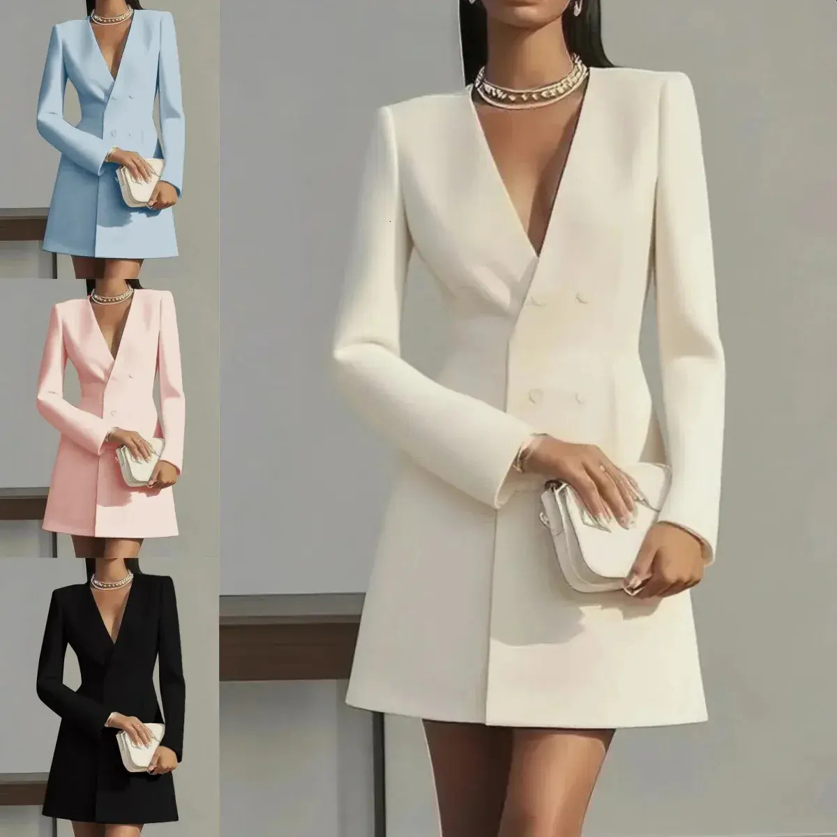 Women Casual Dress Women Casual Dress Everyday everyday Autumn Double Breasted Solid Color V Neck Office Suit French Long Sleeved Elegant Everyday S