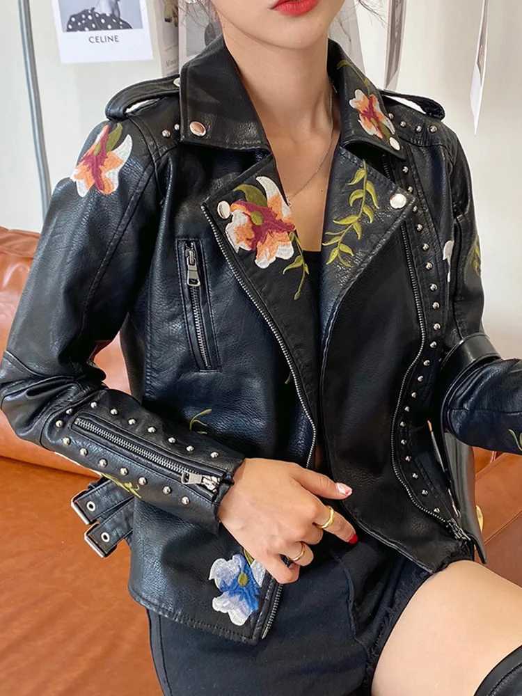 Vintage Ailegogo Women Floral Print Embroidery Short Black Pu Faux Leather Jacket Spring Autumn Female Zipper Coat Retro Outwear C260921