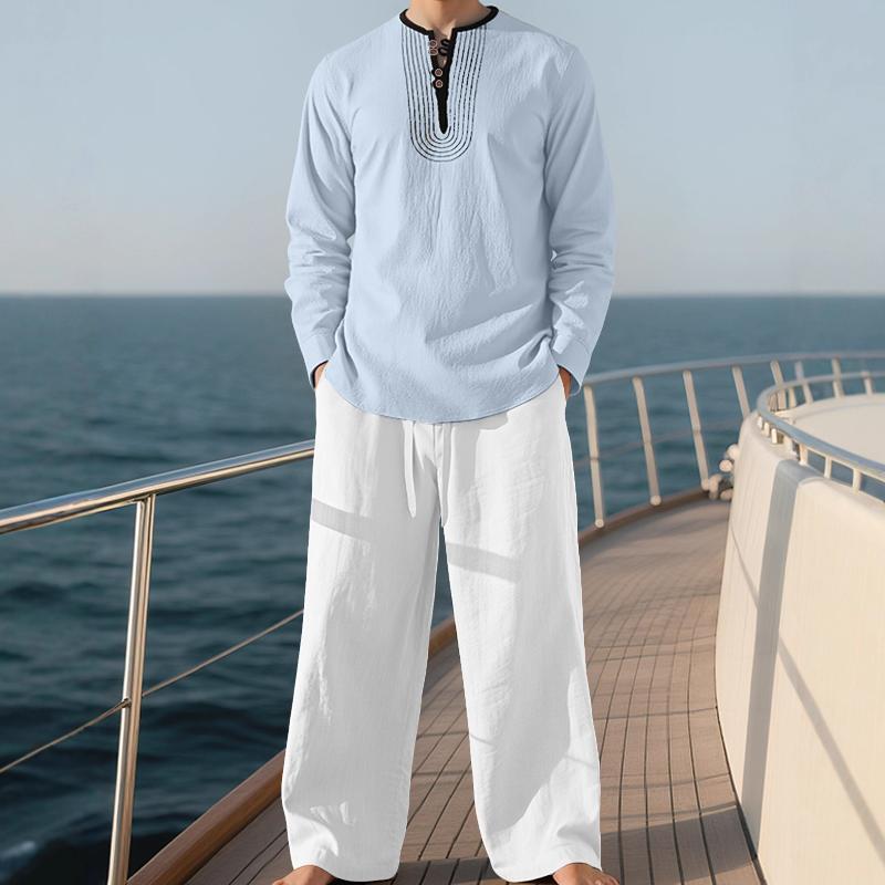 Ensemble deux pièces en lin de style bohème pour hommes, haut à manches longues et col Henley avec bande brodée et pantalon ample à taille élasti