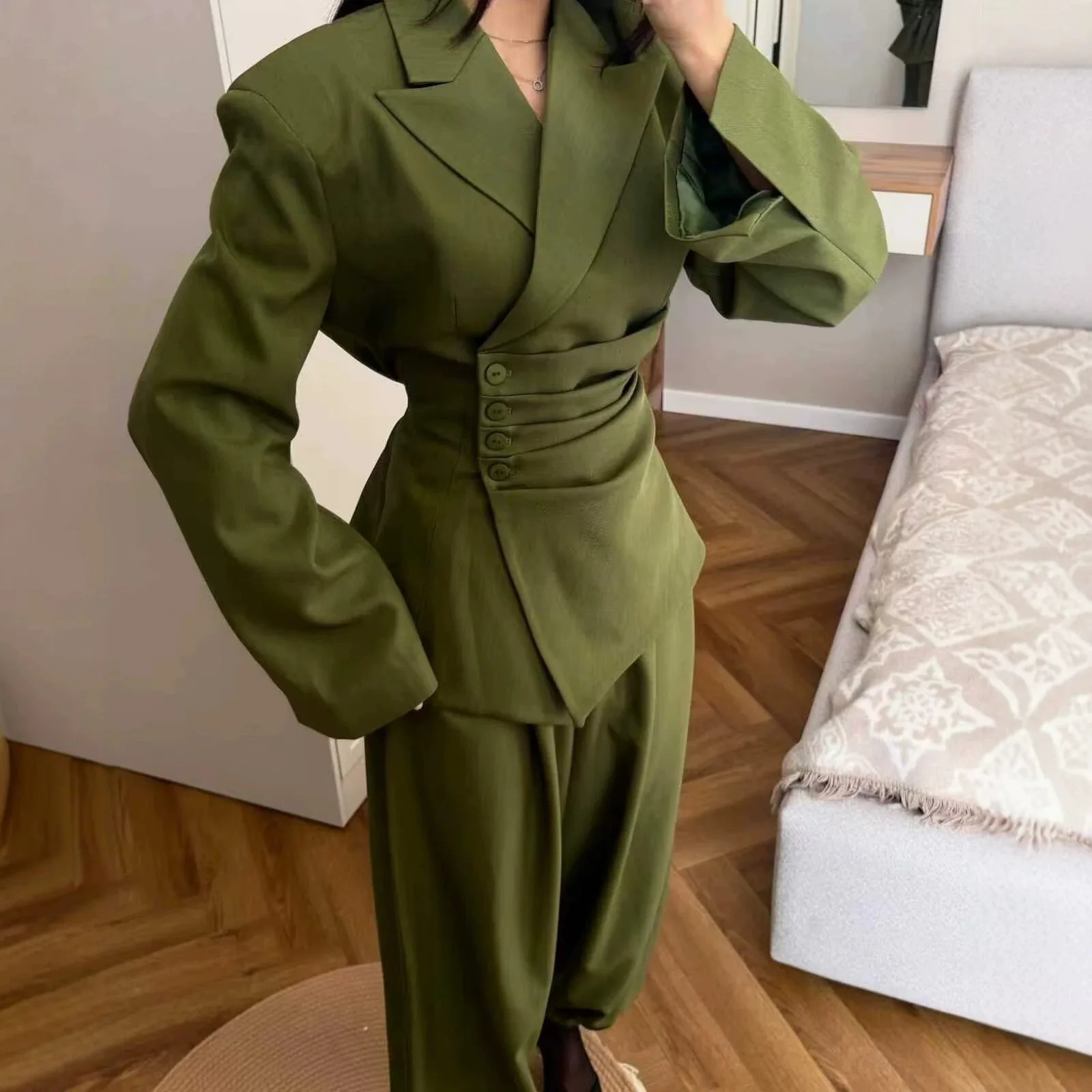 Autumn Womens Belted Olive Green Asymmetric Blazer Pants Sets Elegant Ruched Waist Suit Two Piece Office Lady Fashion 260922