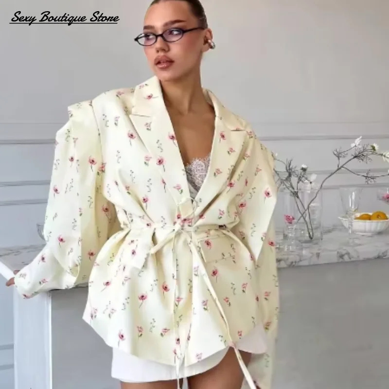 Chic Oversize Floral Printed Women Jacket Padded Lapel Lace Up Loose Coat Long Sleeve High Waist Outwears Lady Streetwear 260922