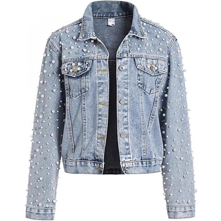 Blue women's denim jacket street retro style high waist wide leg pants women's casual jacket women's design style denim jacket women&