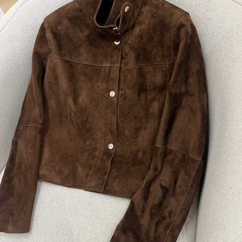 designer Women's Jackets Autumn New Fashion Stand Collar Short Lambskin Jacket for Women, Petite Loose Fit Biker Jacket