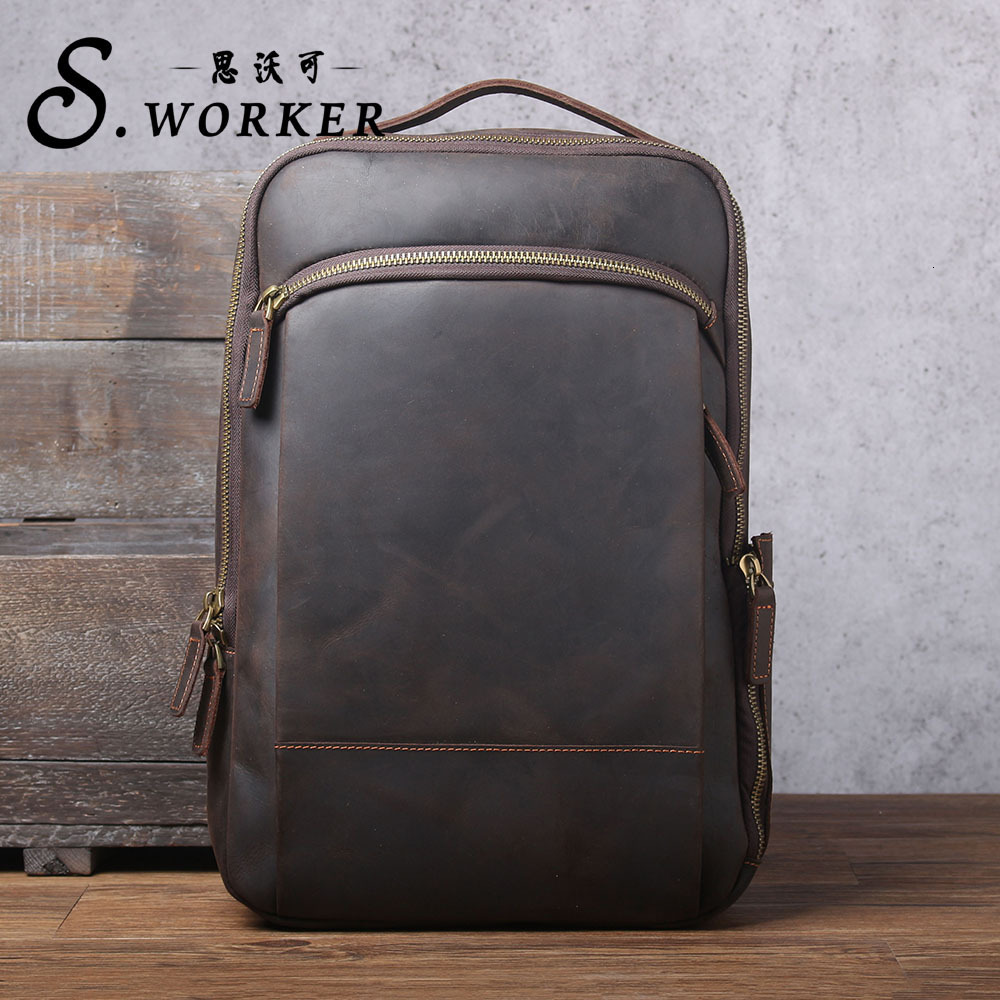 Retro casual men's genuine leather crazy horse leather top layer cowhide travel backpack, genuine leather handbag, file bag, office bag, luxury