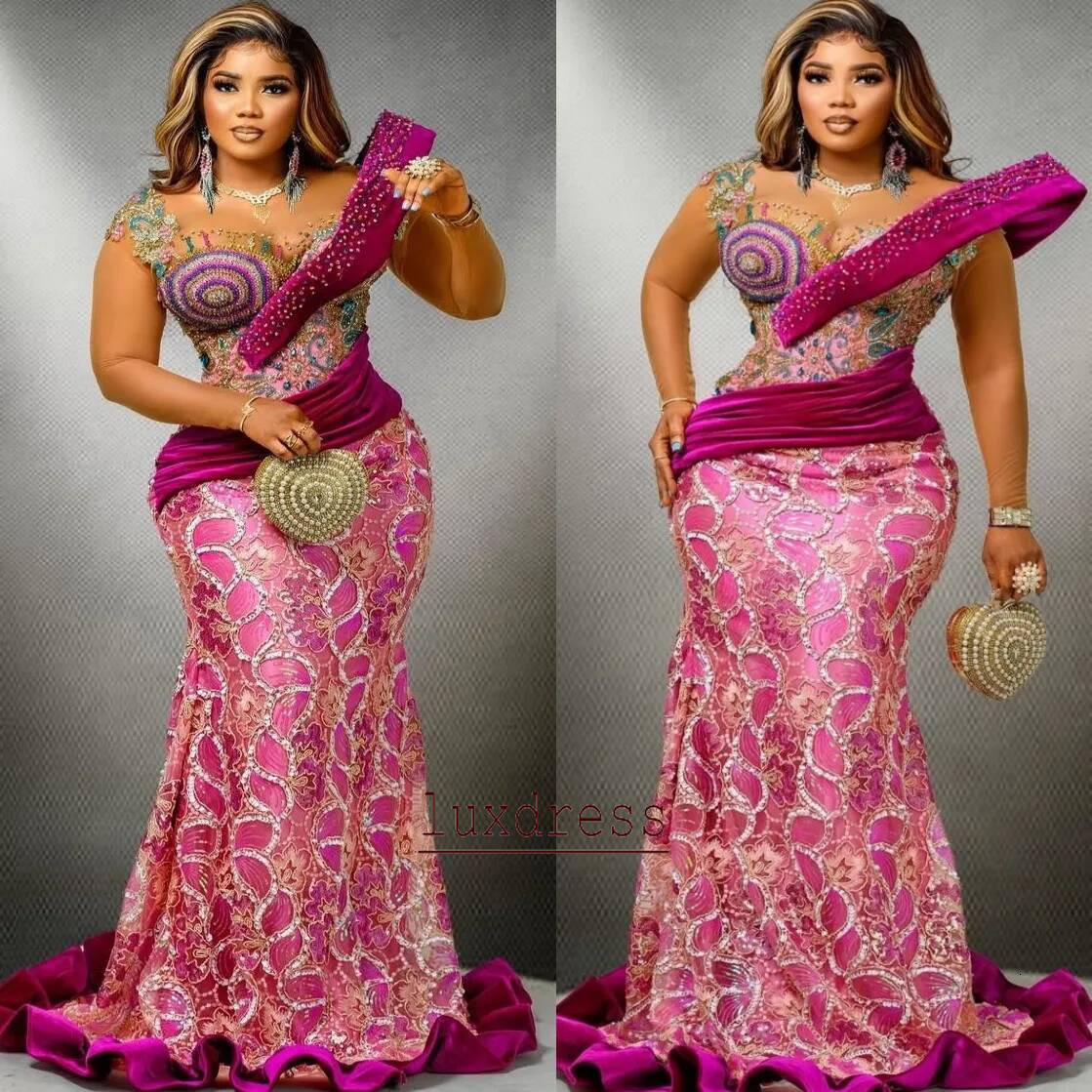 Fuchsia Mermaid Prom Dresses Florals Lace Rhinestones Beaded Evening Formal Party Second Birthday Engagement Gowns Plus Size Dress For Special Occas
