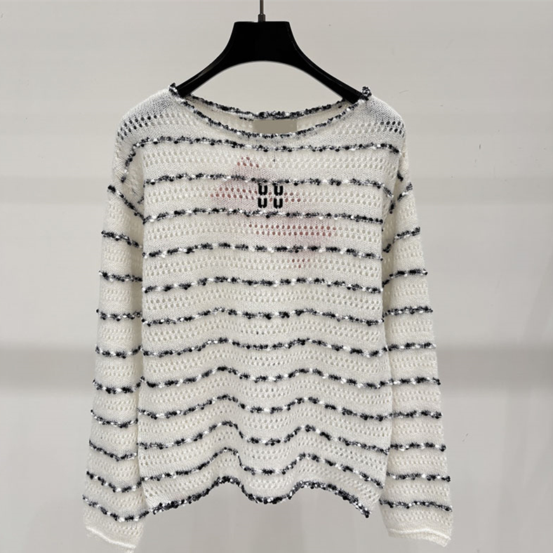 Designer Striped Knit Pullover For Women Sexy Hollow Mesh Sheer Thin Relax Breathable Top Autumn Seaside Party Chic Sweater