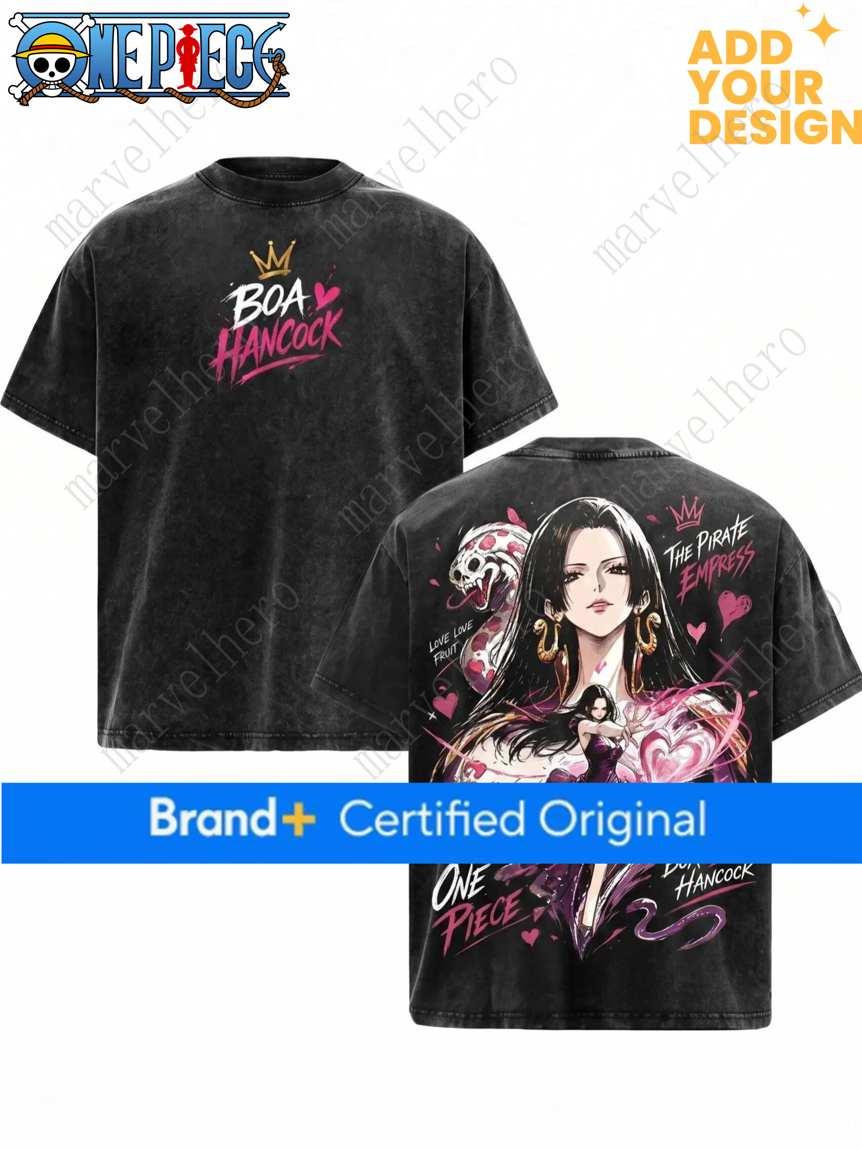 Boa Hancock 1 Piece Graphic T-Shirt - Washed Vintage Oversized, Y2K Retro Casual Short-Sleeve Streetwear Top, Trendy Anime Fan Gift (Black)