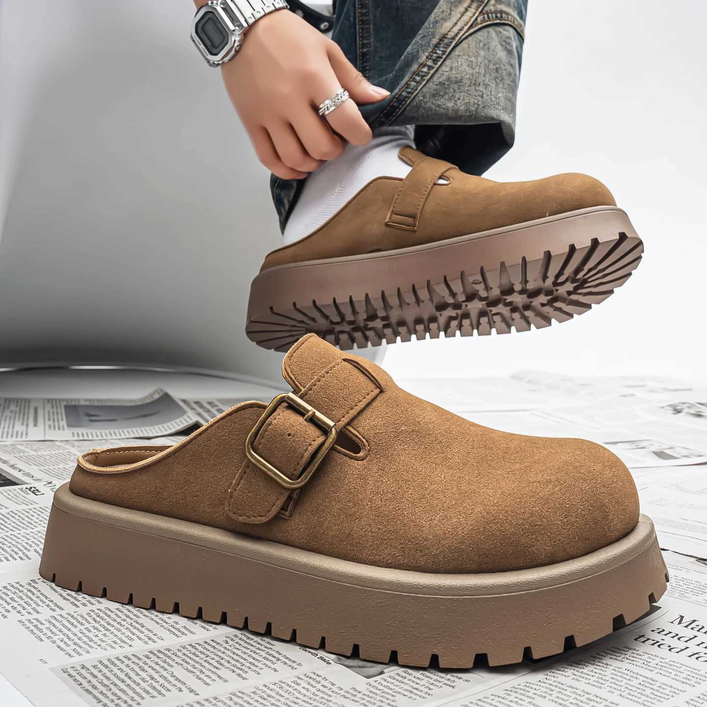 Dress Shoes 2026 Summer New Plus Size Slip-on Closed Toe Mule Slippers Men Thick Sole Height Increasing Trendy Versatile Casual Slippers X260923