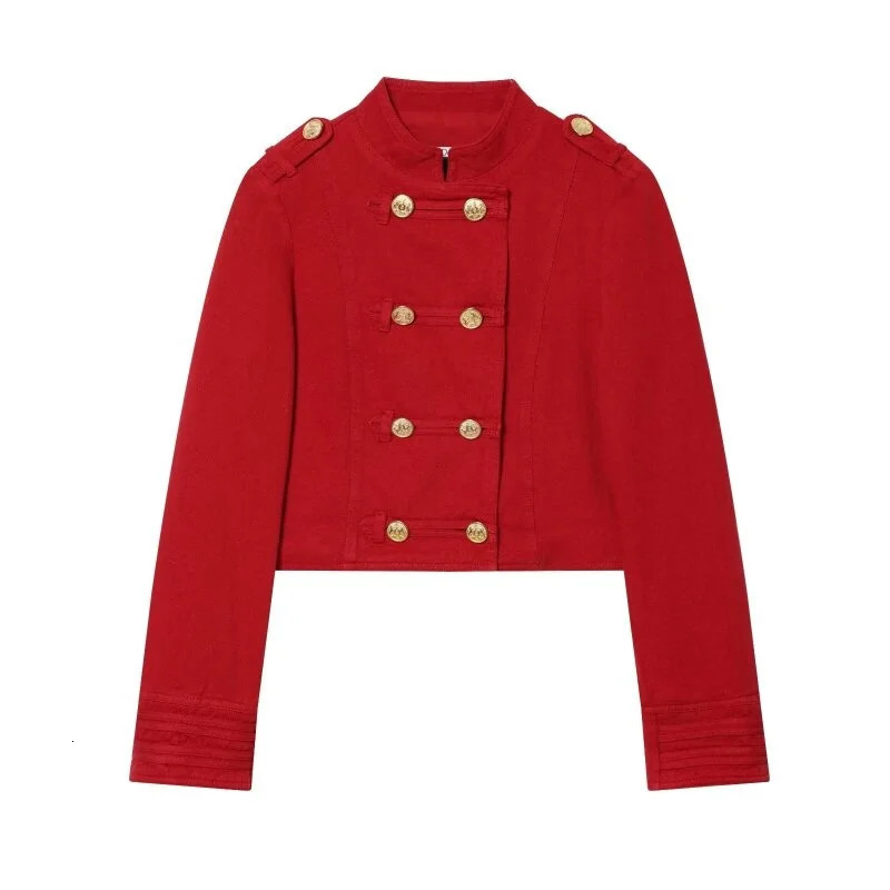 Red British Style Women Short Jacket Double Breasted Stand Collar Military Style Cropped Coat Casual Streetwear Outwear 260922