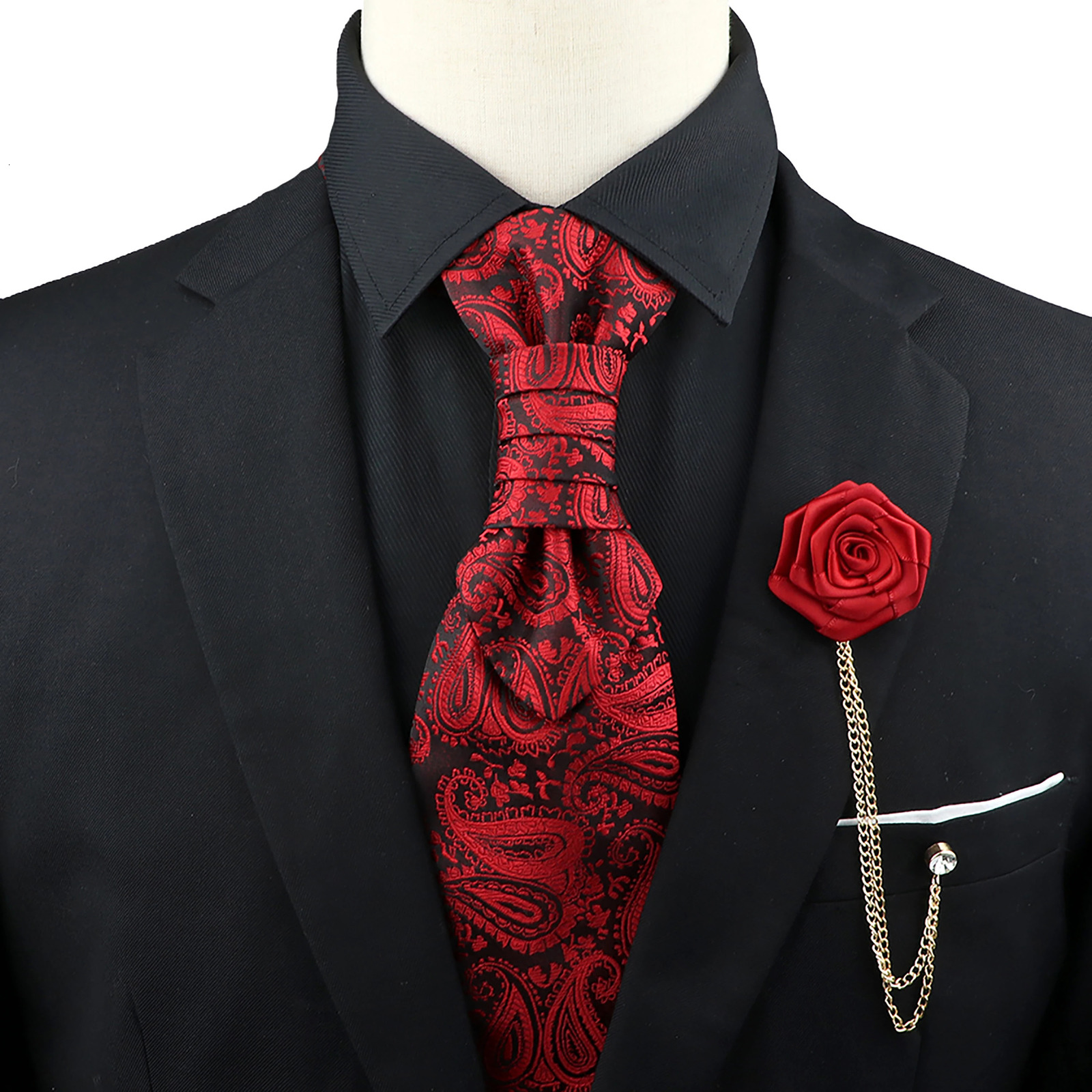 Men's Premium Paisley Tie Brooch Set Red Black Blue Ajustable Neck Tie y Classic Suit Tuxedo Groom Wedding Accessories 260923