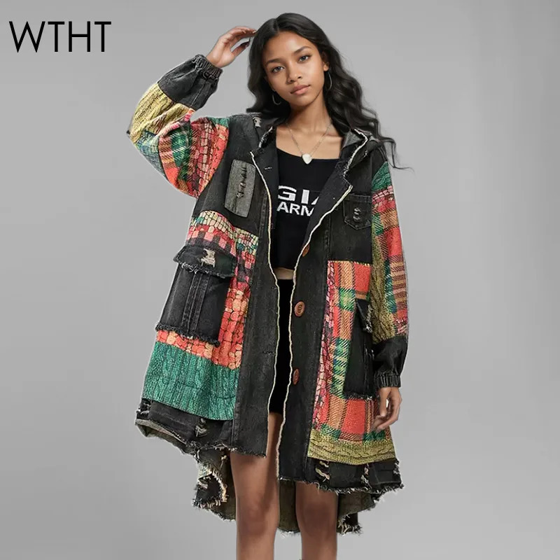 WTHT Autumn Vintage Plaid Patchwork Denim Hooded Coat For Women Loose Long Sleeves Single Breasted Jacket Female 1LS208 260923