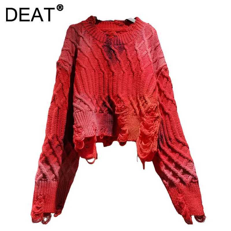DEAT Women's Knitted Pullover Tie-dye Broken Holes Loose High Waist Short O-neck Sweaters 2026 New Fashion Autumn 29A3488 S260921I7FM