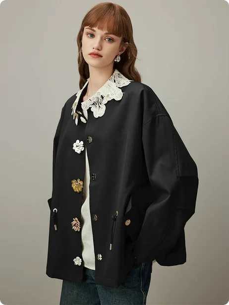 2026 New Spring Korean Fashion Short Trench Coat Batwing Slve Rhinestone dded Drawstring Waist Loose Plus Size Outerwear M260922