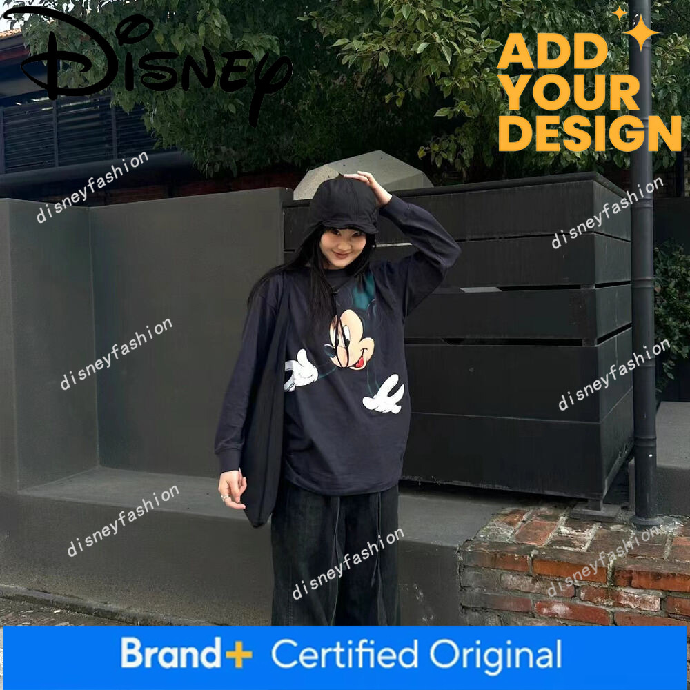 T-shirt nera a maniche lunghe da donna di marca americana alla moda con stampa di Topolino, abbigliamento da coppia ampio per l'inizio della primave