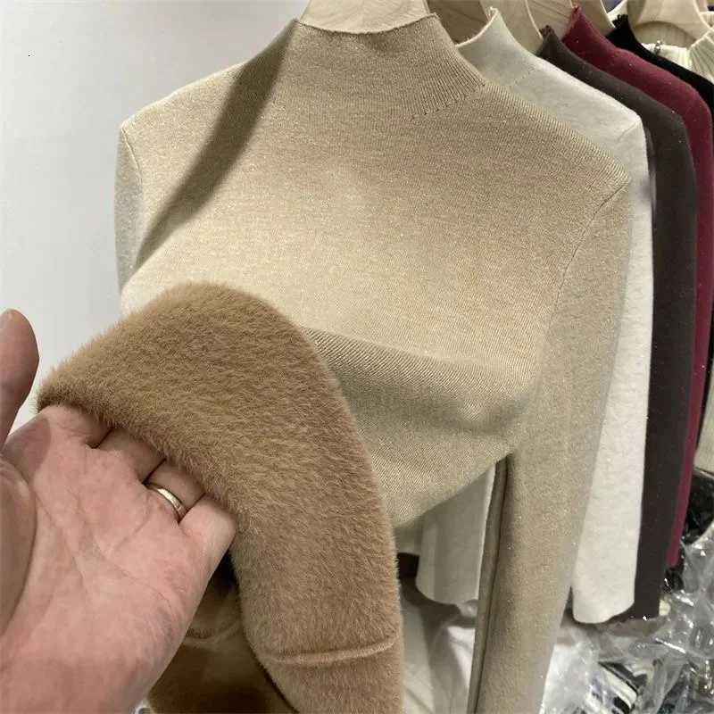 Women's Sweaters Women Winter Thicke Velvet Half Turtleneck Sweaters Warm Solid Knitted Pullover Tops Casual Fleece Lined Knitwear Jumper Femal