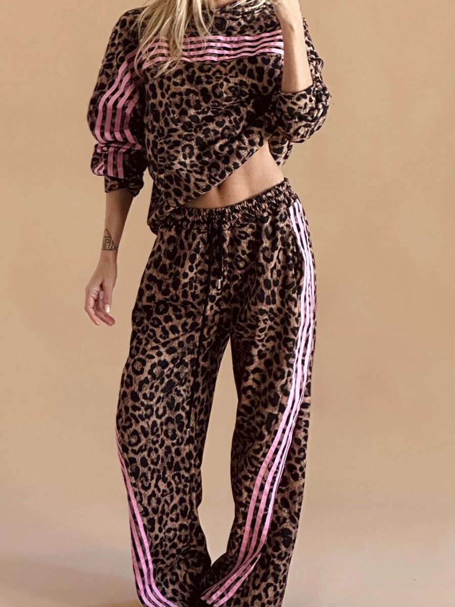 Luxury 2026 Autumn New Loose Drawstring Casual Suit Women's European And American Style Leopard Print Color Block Long Sleeve Two-Piece Set