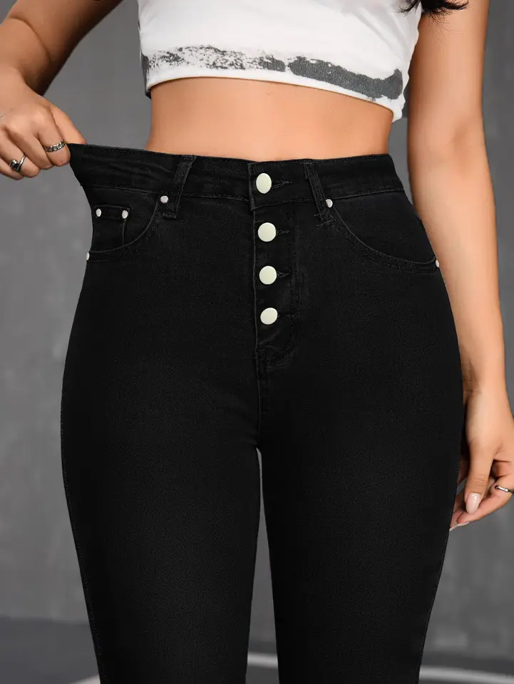 Women's Elastic Black Denim Jeans with Double Row Buttons And Cuffed Ankle Positioning Classic Black Stretchy Casual Pants 260922