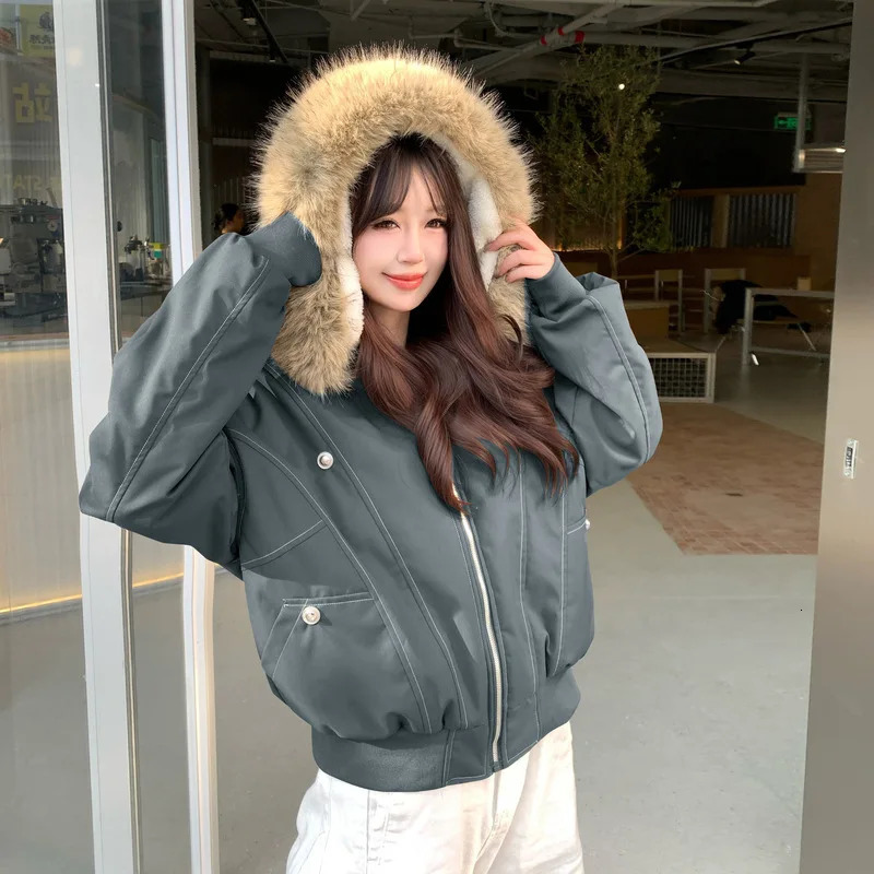 2026 American Retro Fur Collar Hooded Parkas Trend High Street Short Winter Jacket for Women Y2K Fashion Cotton Padded Outwear 260923