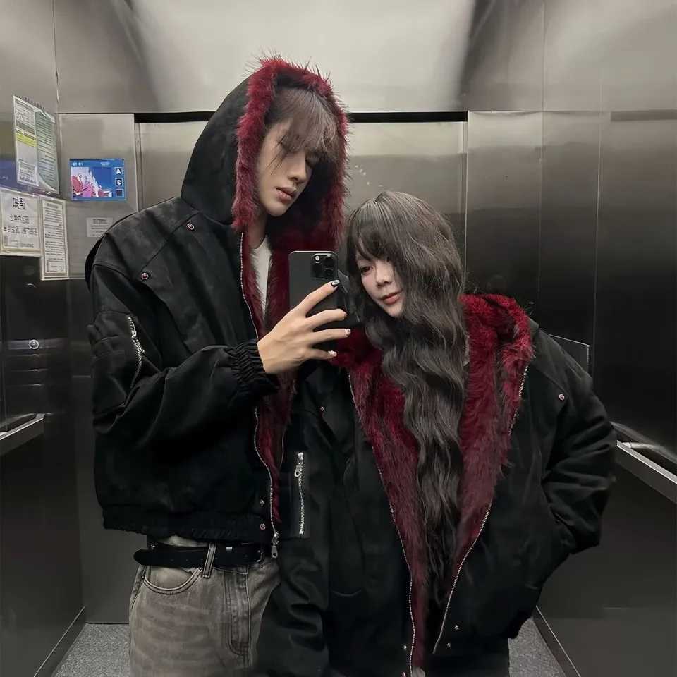 Men's Down Parkas American Retro Hooded Jacket Men Women Cotton PU Leather High-quality Winter Velvet Short Loose Warm Outwear C260922