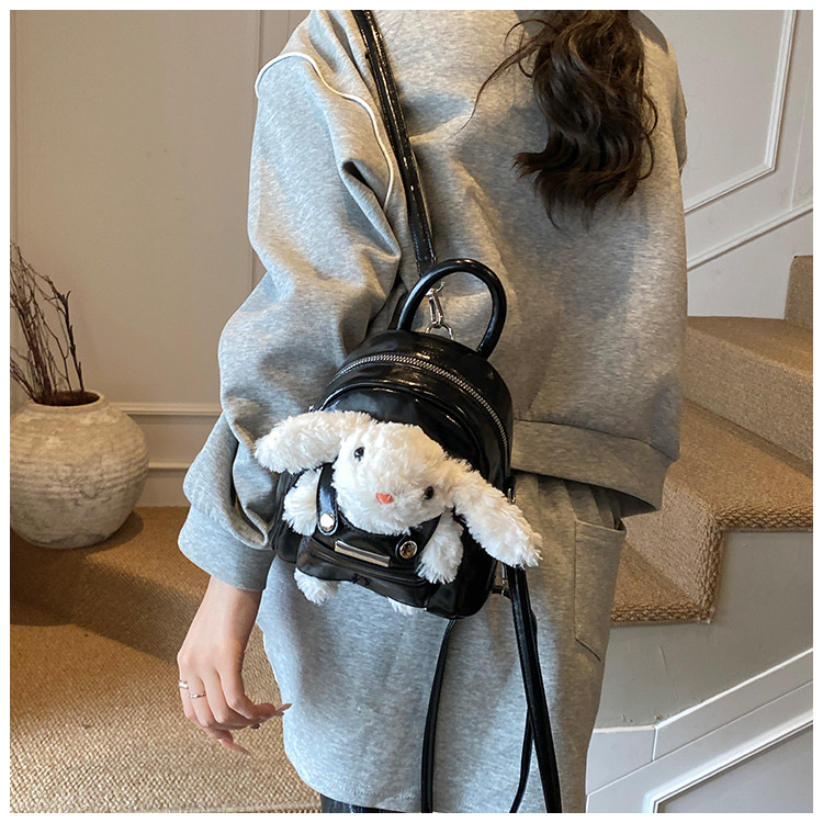 Fashion Cute Kids Silver Mini Backpack With Plush Rabbit Doll Decor Small Casual Daypack For Girls Daily Use