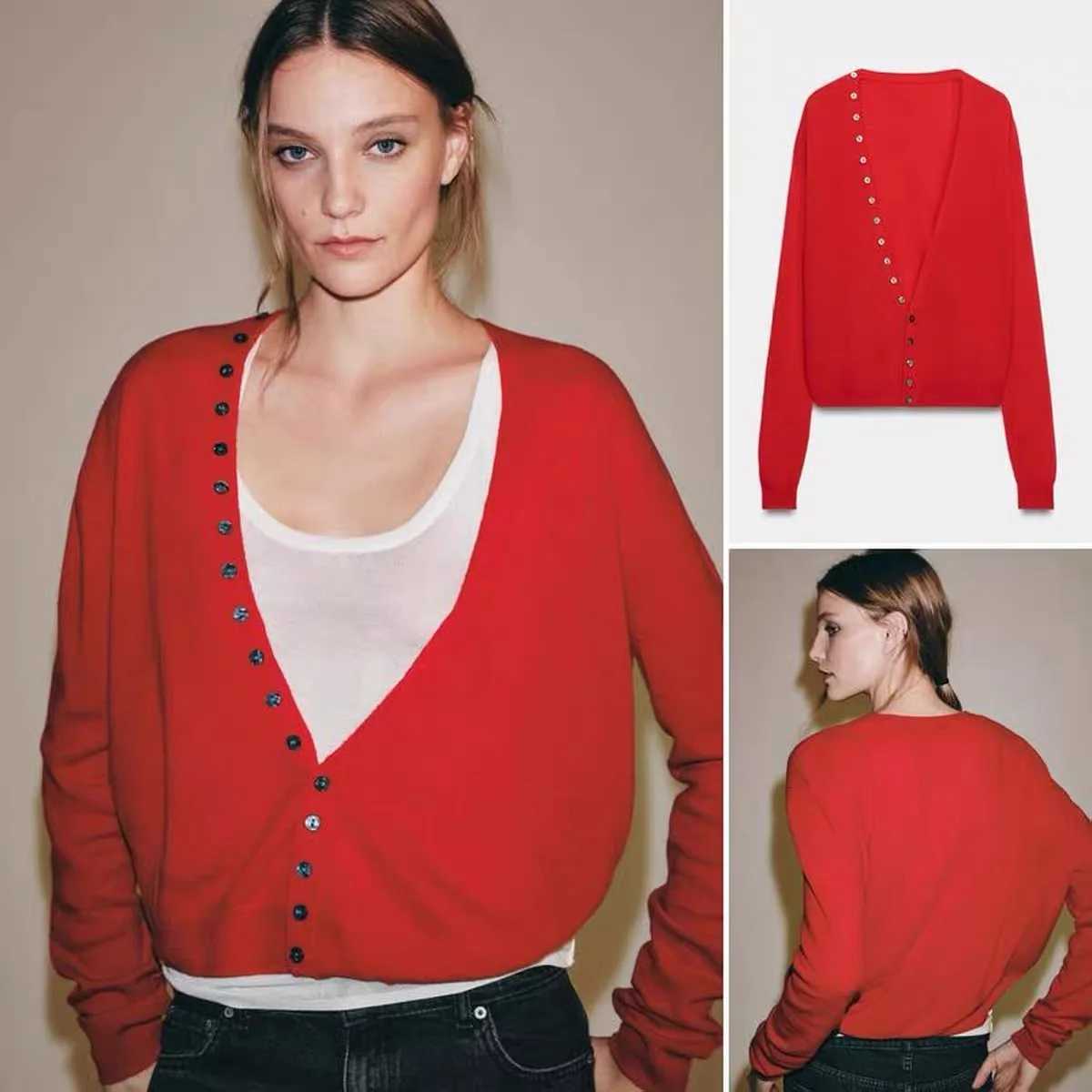 Women's Sweaters Early Autumn New Arrival Women's Fashion Versatile V-Neck Knitted Jacket Polyester Fiber Long Sleeve Short Length Open Ca